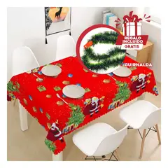 GENERICO - Mantel Grande Navidenñ con Figura de Papa Noel Arboles y Regalos Rojo Y+Guirnalda Nav