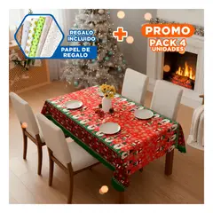 GENERICO - Pack4 Cubremesa Decorativo con Muñeco de Nieve y Detalles de Nieve Brillante Roj Y+Papel Regalo