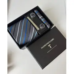 GENERICO - SET CORBATA PISA CORBATA GEMELOS PAÑUELO PLOMO A RAYAS