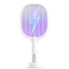 GENERICO - Raqueta Eléctrica Mata Moscas y Mosquitos con Luz UV Base Recargable USB Tipo C y Doble Modo de Uso