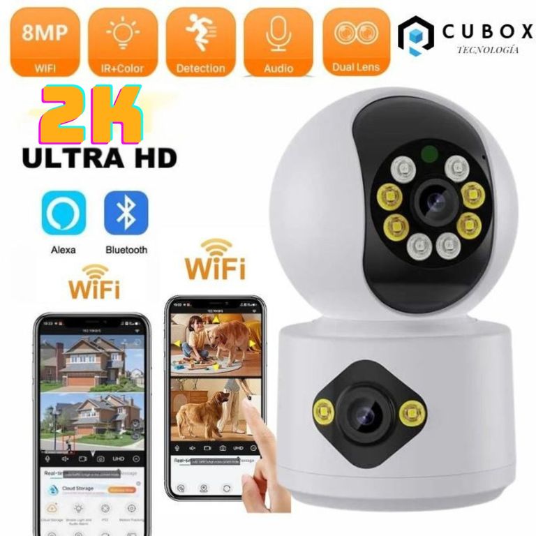 Camara de Seguridad Doble Lente Conexión WiFi Interior con Alarma