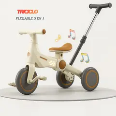 GENERICO - Triciclo Bicicleta Plegable 3 en 1 Musical & Luz para Niños en Crema