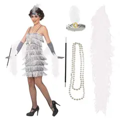 GENERICO - Set Charleston Años 20 – Diadema, Pipa, Collar de Perlas y Bufanda de Plumas (4 piezas)