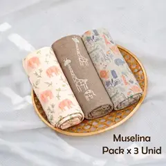 GENERICO - Manta Muselina para Bebé 100% Algodón Pack x 3 Unidades