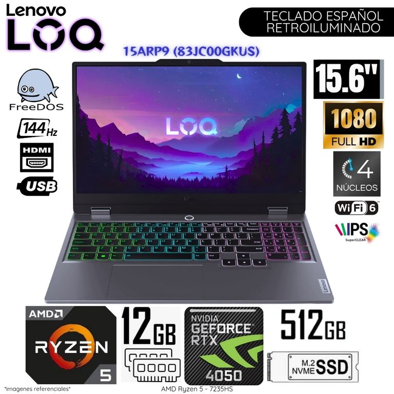 Laptop LOQ 15ARP9 AMD Ryzen 5 -7235HS 12GB RAM 512GB SSD RTX4050-6GB 15.6" FHD 83JC00GKUS