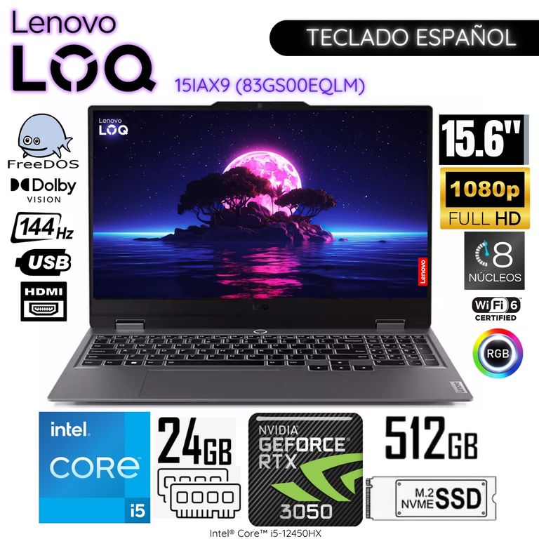 Laptop LOQ Intel Core i5-12450HX 24GB RAM 512GB SSD 15.6" FHD RTX 3050-6GB - 83GS00EQLM