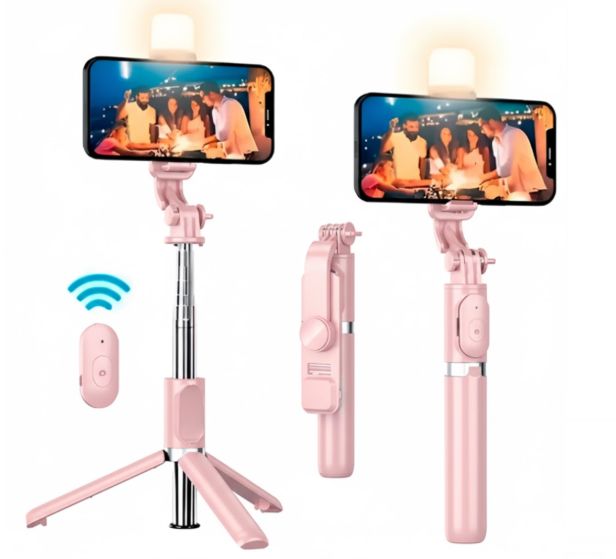 Tripode palo selfie stick con mando bluetooth y luz led - rosado