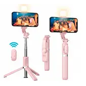 CLN TECH - Tripode palo selfie stick con mando bluetooth y luz led - rosado