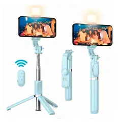 CLN TECH - Tripode palo selfie stick con mando bluetooth y luz led - celeste