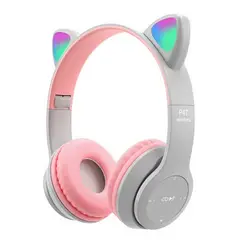GENERICO - AUDIFONOS INALAMBRICOS P47M GATITO LUZ LED - GRIS C ROSADO