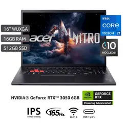 ACER - Laptop Gamer Intel Core i7 13620H RTX 3050-6GB 16GB DDR5 512SSD 16WUXGA - Nitro Lite