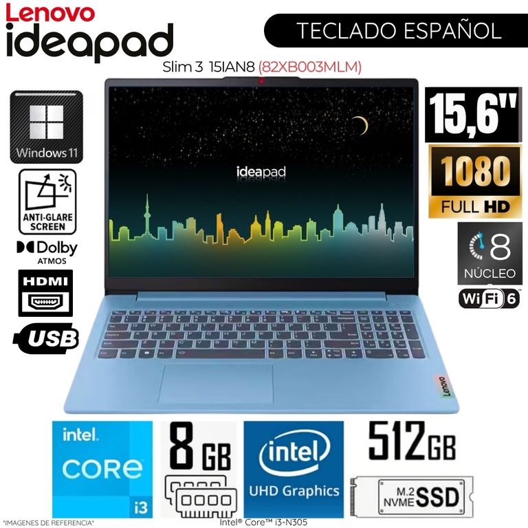 Laptop IdeaPad Slim 3 15IAN8 Intel Core i3-N305 8GB RAM 512GB SSD 15.6 FHD - 82XB003MLM