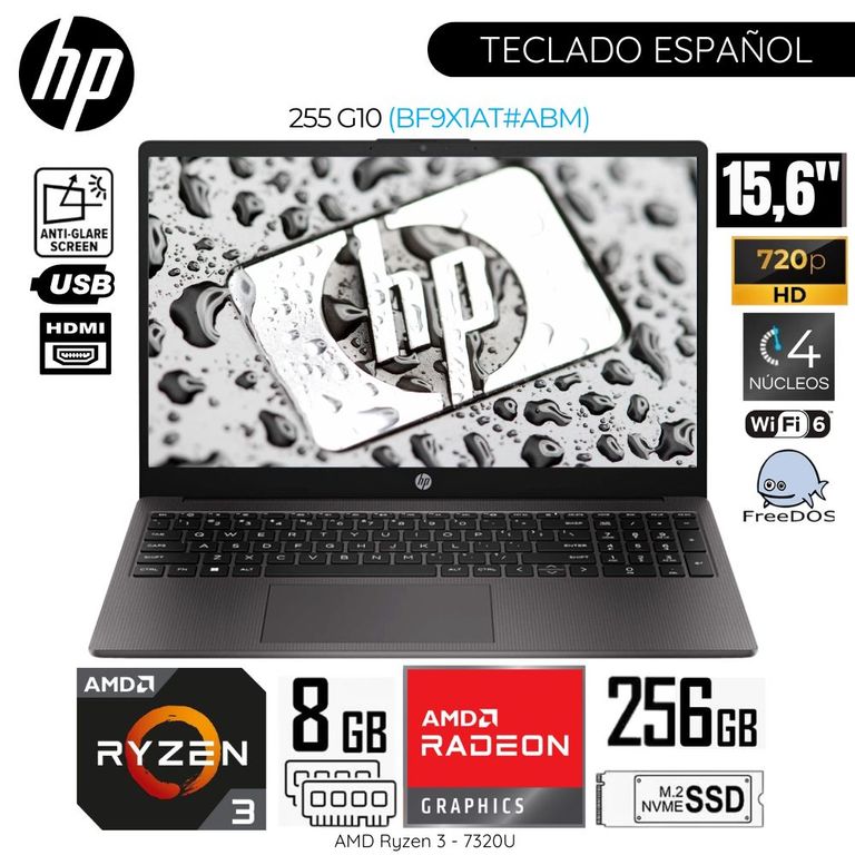 Laptop 255 G10 AMD Ryzen 3-7320U 8GB RAM 256GB SSD 15.6" HD - BF9X1AT