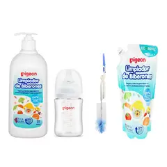 PIGEON - Kit Limpieza y Alimentación Bebé Limpiador 700ml + Refil + Biberón de Vidrio RN + Cepillo de Nylon