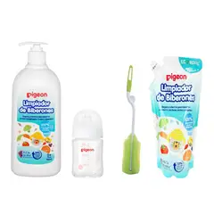 PIGEON - Kit Limpieza y Alimentación Bebé Limpiador 700ml + Refil + Biberón de Vidrio RN + Cepillo de Nylon