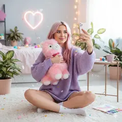 GENERICO - Peluche Alpaca Grande Rosado con Collar y Cascabel - Ultra Suave y Encantadora