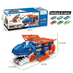 GENERICO - Dino Camión Trex Transportador Porta Autitos 2 en 1 Pista Lanzamiento azul