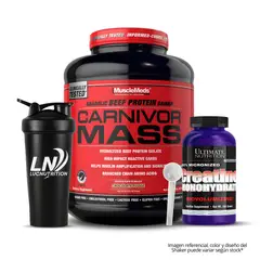 MUSCLEMEDS - Carnivor Mass 5.9 LB Beef Protein - Chocolate Fudge + Creatina Ultimate Nutrition 300 G + Shaker + Scoop