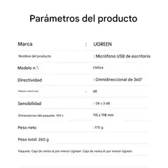 UGREEN - Micrófono Cm564 Omni Directional Pc Laptop Windows