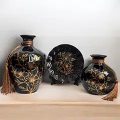 GIADE - Juego de Floreros con Plato Decorativo Negro
