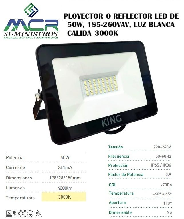 PROYECTOR O REFLECTOR LED 50W LUZ BLANCO CALIDO 3000K