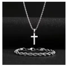 GENERICO - Set collar y pulsera cruz plateado diseño unisex