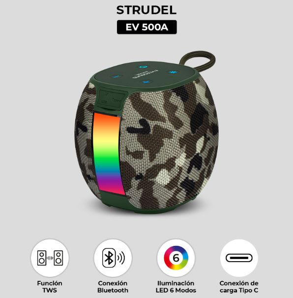 Parlante Bluetooth STRUDEL EV500A Led RGB Camuflado