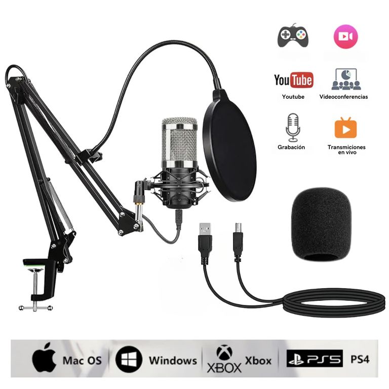 Kit Micrófono Condensador Profesional Con Soporte Y Antipop para Streaming PC