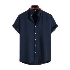 BENJAMIN RIVERO - Camisa azul seda francesa hombre cuello mao slim
