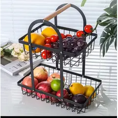 GENERICO - Frutero Organizador 2 Niveles Negro con Mango de Madera Natural