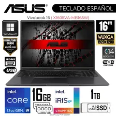ASUS - Laptop Vivobook 16 X1605VA-MB165W Intel Core i9-13900H 16GB RAM 1TB SSD 16" WUXGA Indie Black