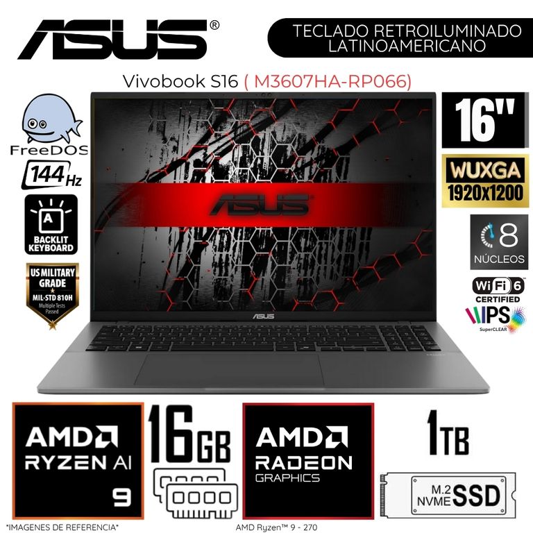 Laptop Vivobook S16 M3607HA-RP066 AMD Ryzen 9 270 16GB DDR5 RAM 1TB SSD 16" WUXGA FreeDos