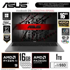 ASUS - Laptop Vivobook S16 M3607HA-RP066 AMD Ryzen 9 270 16GB DDR5 RAM 1TB SSD 16" WUXGA WIN 11