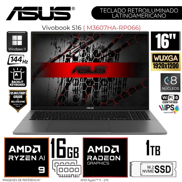 Laptop Vivobook S16 M3607HA-RP066 AMD Ryzen 9 270 16GB DDR5 RAM 1TB SSD 16" WUXGA WIN 11