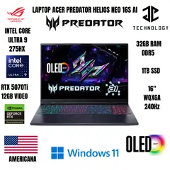 ACER - LAPTOP PREDATOR NEO 16S AI ULTRA 9 275HX / 32GB RAM DDR5 / 1TB SSD / RTX 5070Ti 12GB VIDEO