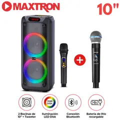 MAXTRON - Promo Torre de Sonido Mx 1001 Zenith 02 Bocinas 10 pulgadas 02 Micrófonos LED Disk