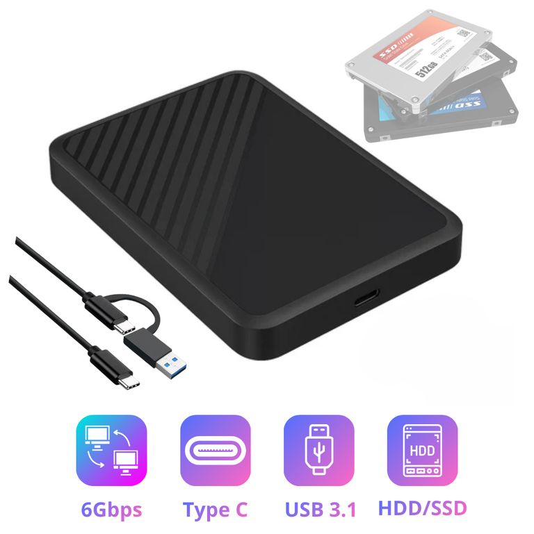 Case para Disco Duro Externo HDD SSD Sata HD2501T USB Laptop PC Tipo C