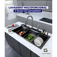 GREEN HOUSE - LAVADERO MULTIFUNCIONAL DE COCINA CON LUCES 5 TECLAS + ESCURRIDOR ACERO INOXIDABLE