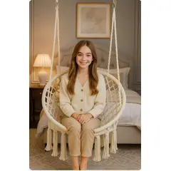 GENERICO - SILLA COLGANTE COLUMPIO HAMACA TEJIDA CON ACCESORIOS PARA COLGAR TERRAZA JARDÍN HOGAR BEIGE