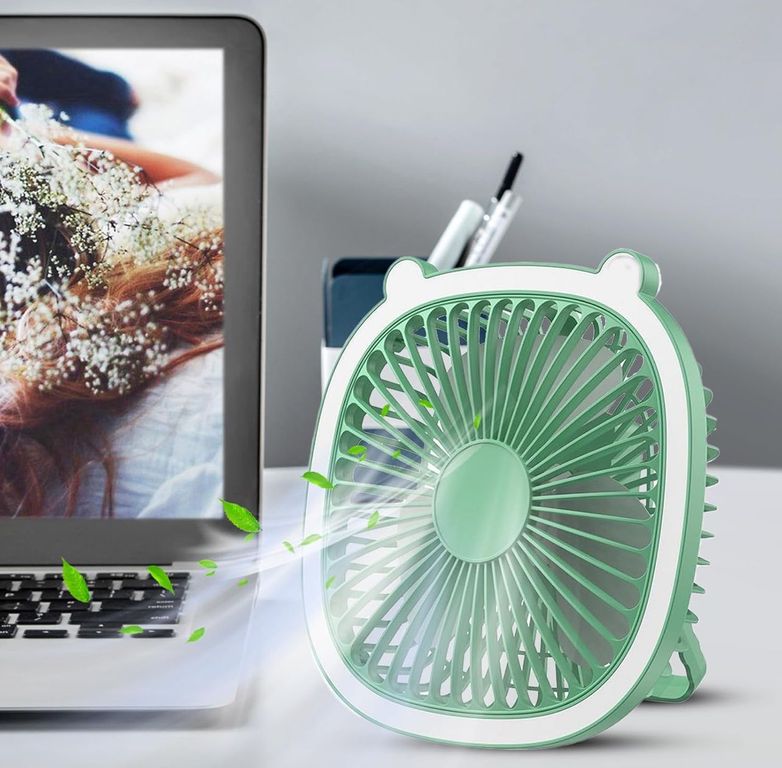 VENTILADOR DE ESCRITORIO CON LUZ LED VERDE PASTEL