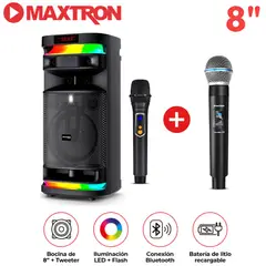 MAXTRON - Promo Torre de Sonido Mx 821 Stellar 01 Bocina 8 pulgadas 02 Micrófono LED + Flash