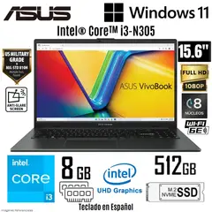 ASUS - Laptop Vivobook Go 15 E1504GA-BQ114 Intel Core i3-N305 8GB RAM 512GB SDD 15.6" FHD Mixed Black
