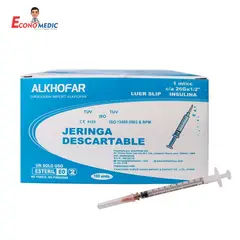 ALKHOFAR - Jeringa para Insulina de 1 ML Aguja 26 G X 1/2 CAJA 100 UND