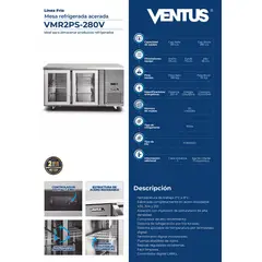 VENTUS - Mesa Refrigerada Acerada con 2 puertas de Vidrio de 300 Litros, VMR2PS-280V –