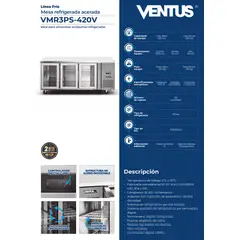 VENTUS - Mesa Refrigerada Acerada con 3 puertas de Vidrio, VMR3PS-420V -