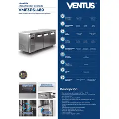 VENTUS - Mesa Freezer Acerada con 3 puertas, VMF3PS-480 -
