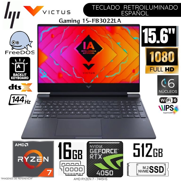 Laptop Victus 15-FB3022LA AMD Ryzen 7 7445HS 16GB RAM 512GB SSD RTX 4050-6GB 15.6" FHD 144Hz