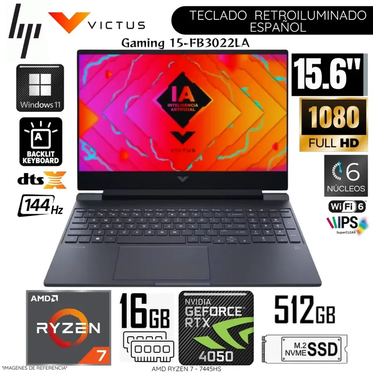 Laptop Victus 15-FB3022LA AMD Ryzen 7 7445HS 16GB RAM 512GB SSD RTX 4050-6GB 15.6" FHD 144Hz