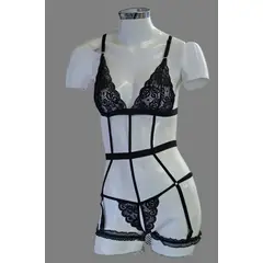 GENERICO - Body 3 Piezas Lencería Portaligas de Encaje negro YULY De Alcoba