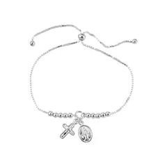 CLEO JOYAS & ACCESORIOS - Pulsera Regulable Cruz y Virgen Plata